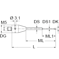Stylet M5, bille nitrure de silicium Ø 1 mm, tige carbure de tungstène, L 20 mm, ML 5,0/10,0 mm pour applications ZEISS