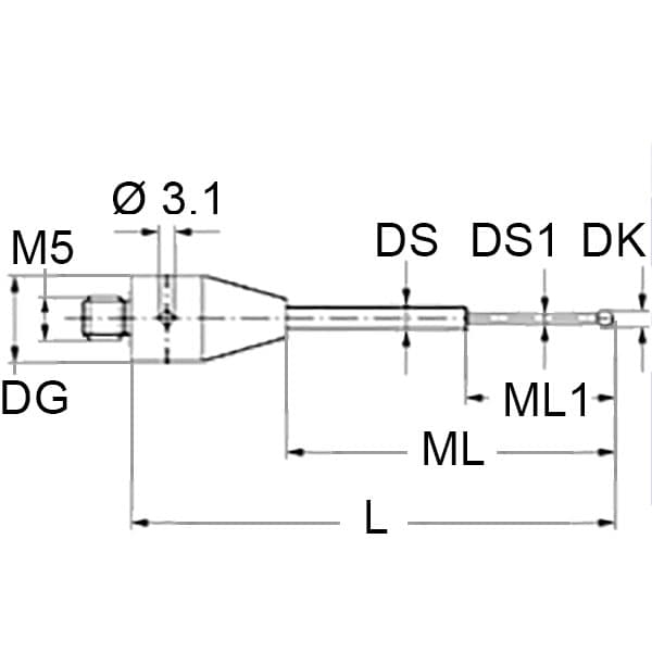 Stylet M5, bille rubis Ø 3 mm, tige carbure de tungstène, L 25 mm, ML 15 mm pour applications ZEISS