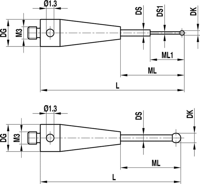 M3 Ø1 mm ruby ball, tungsten carbide stem, L 40 mm, ML1/ML 5.0/31 mm, for ZEISS applications